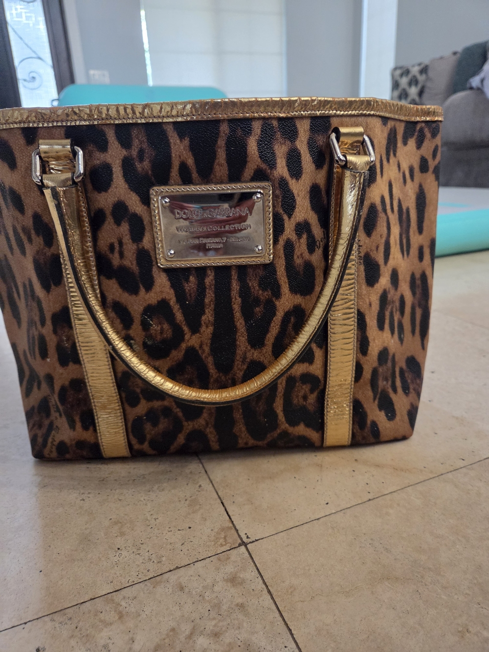 Dolce & Gabbana Leopard Print Tote Bag Gold Leather Trim Logo Plate Y2k - Picture 3 of 12